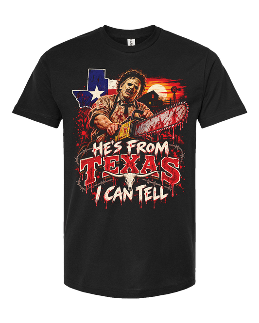 Short Sleeve Halloween Shirt-Leather Face-He's From Texas