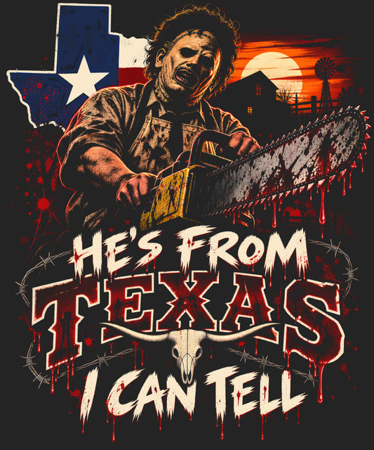 Short Sleeve Halloween Shirt-Leather Face-He's From Texas